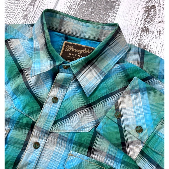 Wrangler Retro Plaid Western Shirt Mens Large Button Up Long Sleeve Blue Green - Picture 1 of 8